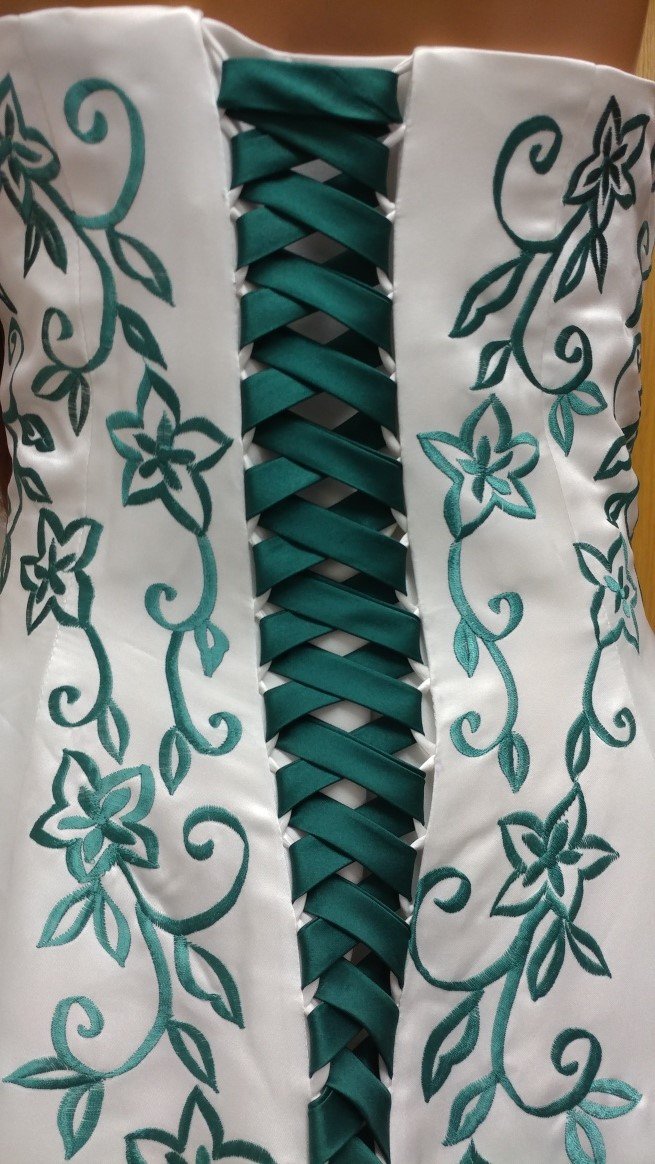 ivory dress with hunter green embroidery